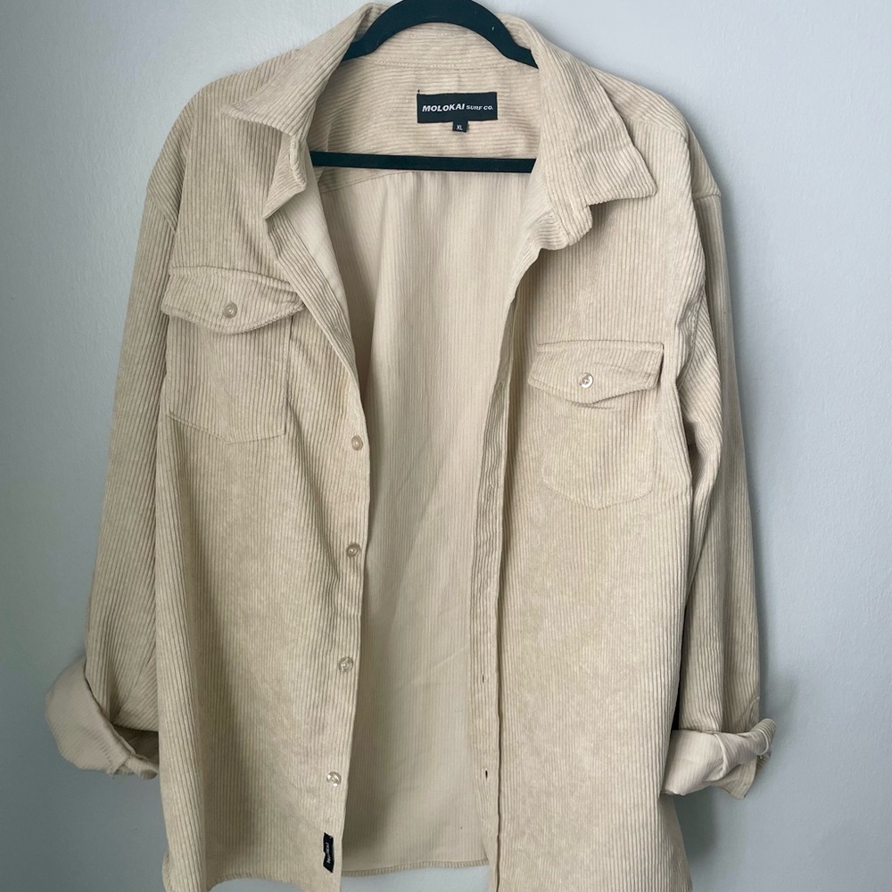 Molokai Surf Co | Men’s Courdury Beige Ribbed Long Sleeve  Button Up Shirt
